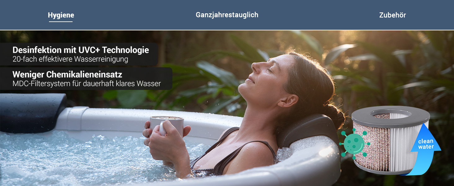 Eine Person entspannt im MSpa Frame Denver Whirlpool, w&auml;hrend die integrierte UVC+-Technologie und das MDC-Filtersystem f&uuml;r hygienisch sauberes Wasser sorgen. Die Kombination reduziert den Chemikalieneinsatz und reinigt das Wasser besonders effizient f&uuml;r ein dauerhaft klares Badeerlebnis.